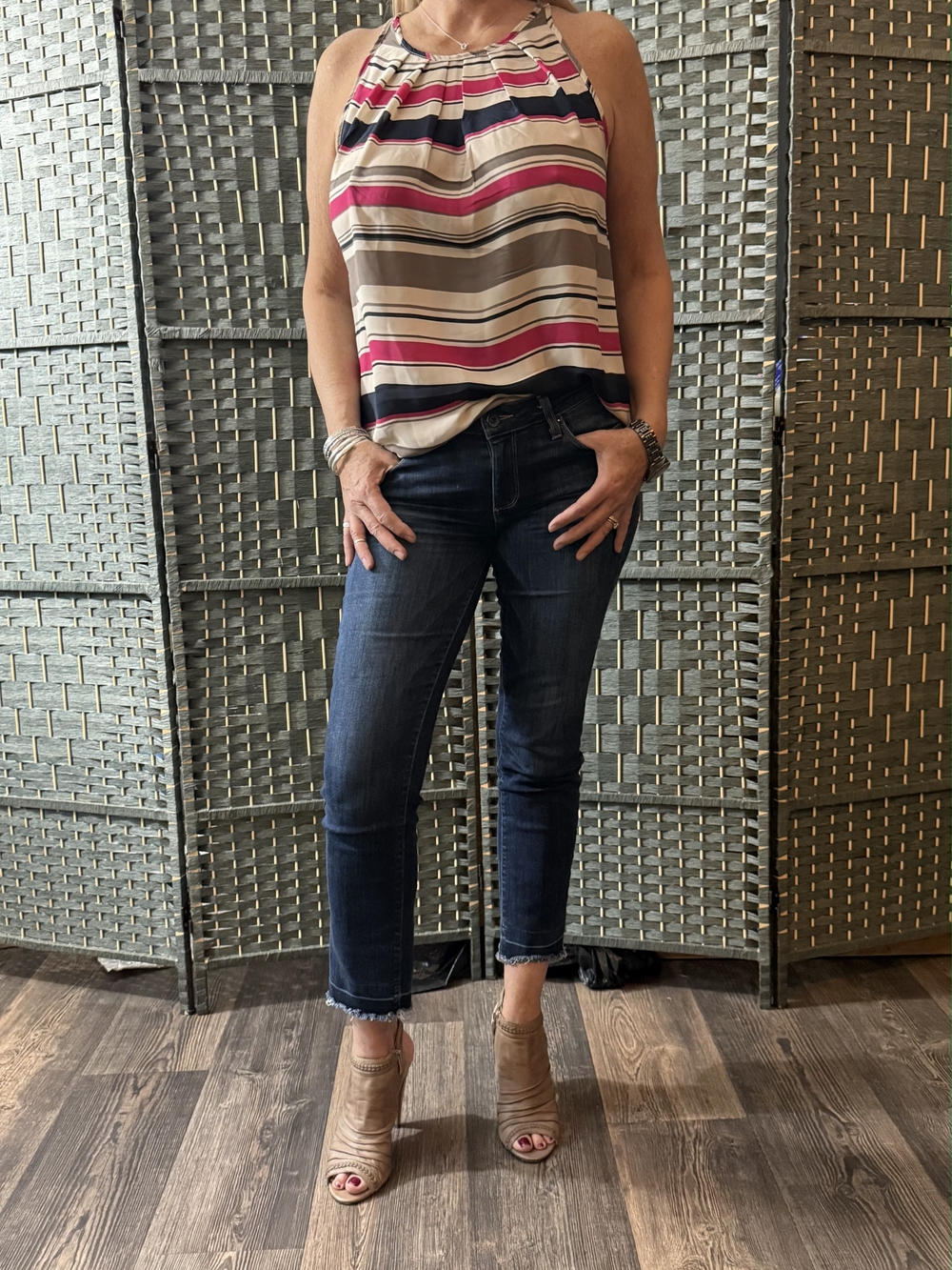 Striped Halter Tank Top - Pink, Black & Cream Sz Lg